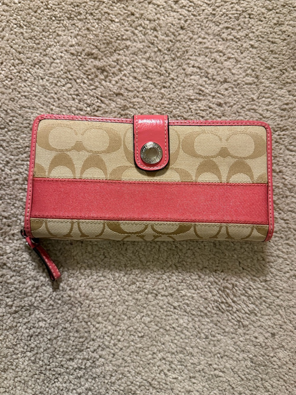 Coach signature monogram long wallet in tan and pink